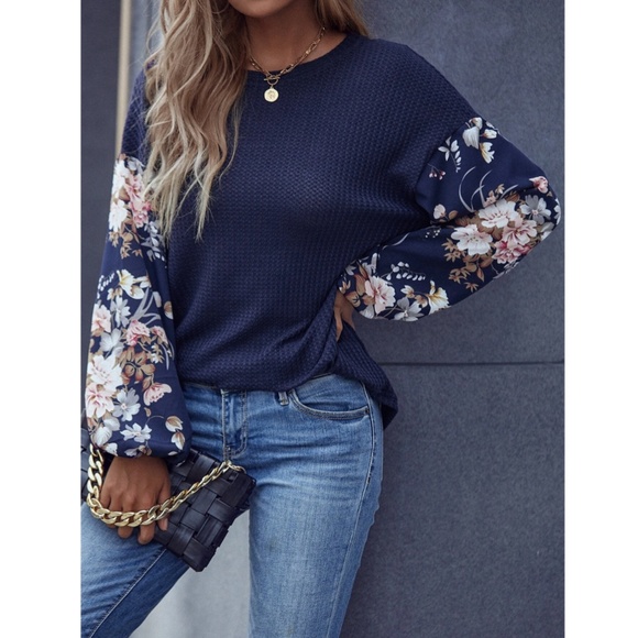 Navy Blue Floral Sleeves Casual Shirt Lantern Long Sleeves - Picture 5 of 8